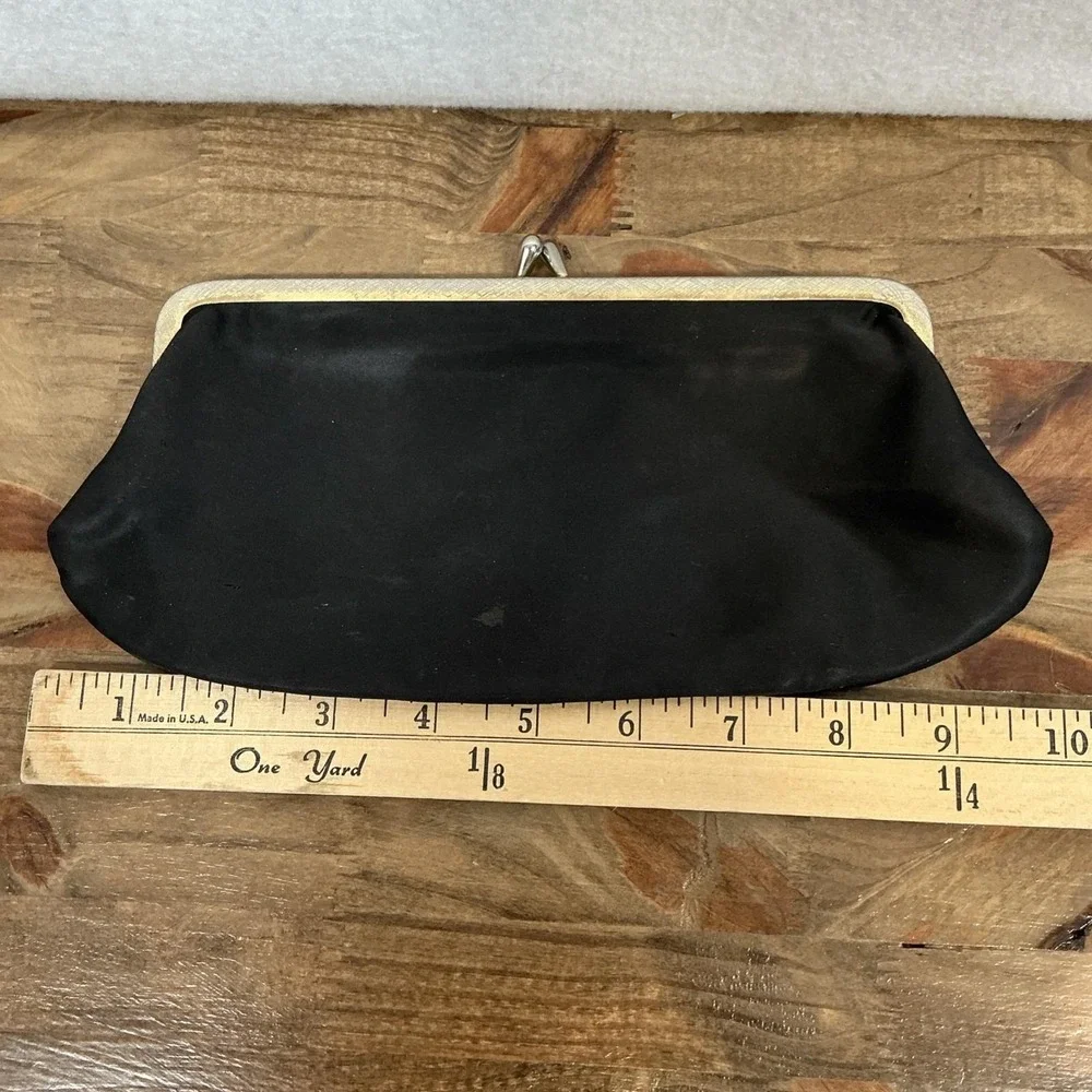 Vintage Black Satin Gold Toned Frame Clutch Handbag Evening Wedding Party Formal